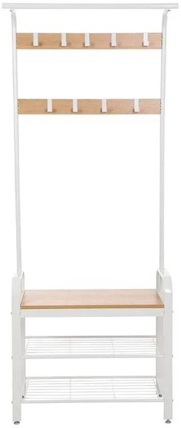 FurnStar - Kapstok - Kapstok met Schoenenopbergbank - 4 in 1 Design - met 9 Afneembare Haken - Een Kledingroede - Voor Hal - Entree - 33,7 x 72 x 183 cm - Industrieel - Eiken + Crème/Wit