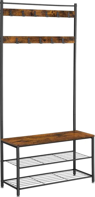 FurnStar - Kapstok - Kapstok met schoenenopbergbank - Hal schoenenrek - 3-in-1 ontwerp - Stalen frame - Voor hal - Entree - 32 x 70 x 177 cm - Industrieel - Rustiek walnoot en Zwart