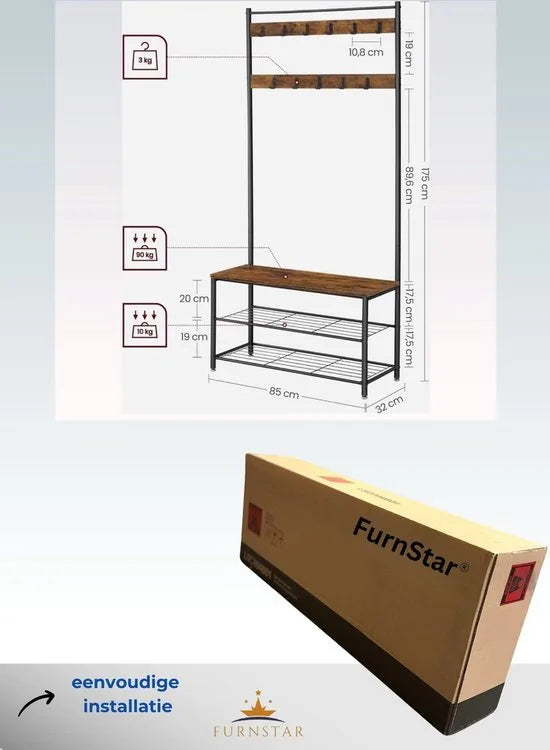FurnStar - Kapstok - Kapstok met schoenenopbergbank - Hal schoenenrek - 3-in-1 ontwerp - Stalen frame - Voor hal - Entree - 32 x 70 x 177 cm - Industrieel - Rustiek walnoot en Zwart