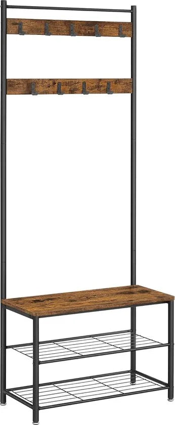 FurnStar - Kapstok - kapstok met schoenenopbergbank - halboom met schoenenrek - 3-in-1 ontwerp - stalen frame - voor hal - entree - 32 x 70 x 177 cm - industrieel - rustiek walnoot en zwart – Rustiek bruin + zwart