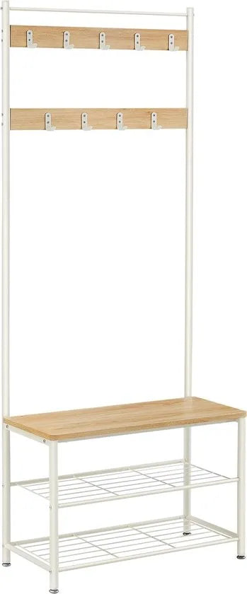 FurnStar - Kapstok - kapstok met schoenenopbergbank - halboom met schoenenrek - 3-in-1 ontwerp - stalen frame - voor hal - entree - 32 x 70 x 177 cm - industrieel - rustiek walnoot en zwart – Eiken + wit