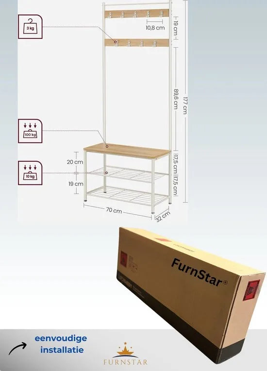 FurnStar - Kapstok - kapstok met schoenenopbergbank - halboom met schoenenrek - 3-in-1 ontwerp - stalen frame - voor hal - entree - 32 x 70 x 177 cm - industrieel - rustiek walnoot en zwart