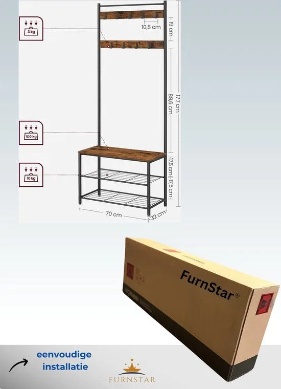 FurnStar - Kapstok - kapstok met schoenenopbergbank - halboom met schoenenrek - 3-in-1 ontwerp - stalen frame - voor hal - entree - 32 x 70 x 177 cm - industrieel - rustiek walnoot en zwart – Rustiek bruin + zwart
