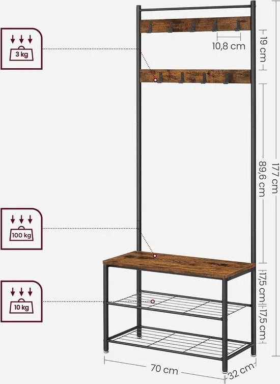 FurnStar - Kapstok - kapstok met schoenenopbergbank - halboom met schoenenrek - 3-in-1 ontwerp - stalen frame - voor hal - entree - 32 x 70 x 177 cm - industrieel - rustiek walnoot en zwart – Rustiek bruin + zwart