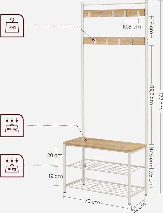 FurnStar - Kapstok - kapstok met schoenenopbergbank - halboom met schoenenrek - 3-in-1 ontwerp - stalen frame - voor hal - entree - 32 x 70 x 177 cm - industrieel - rustiek walnoot en zwart