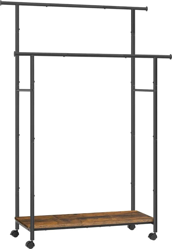 FurnStar - Kapstok - Kapstokken -Kledinghangers - Dubbele Kapstok Met Zwenkwielen En Plank - ‎39.6 x 98.5 x 156.8 cm - Rustiek Bruin En Inktzwart