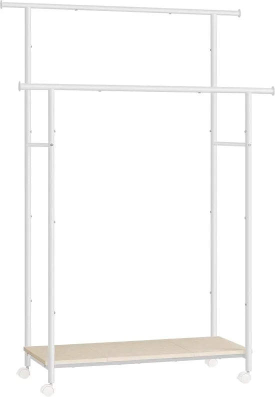 FurnStar - Kapstok - Kapstokken -Kledinghangers - Dubbele Kapstok Met Zwenkwielen En Plank - ‎39.6 x 98.5 x 156.8 cm - Rustiek Bruin En Inktzwart – Wit
