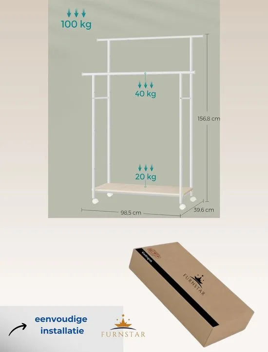 FurnStar - Kapstok - Kapstokken -Kledinghangers - Dubbele Kapstok Met Zwenkwielen En Plank - ‎39.6 x 98.5 x 156.8 cm - Rustiek Bruin En Inktzwart – Wit