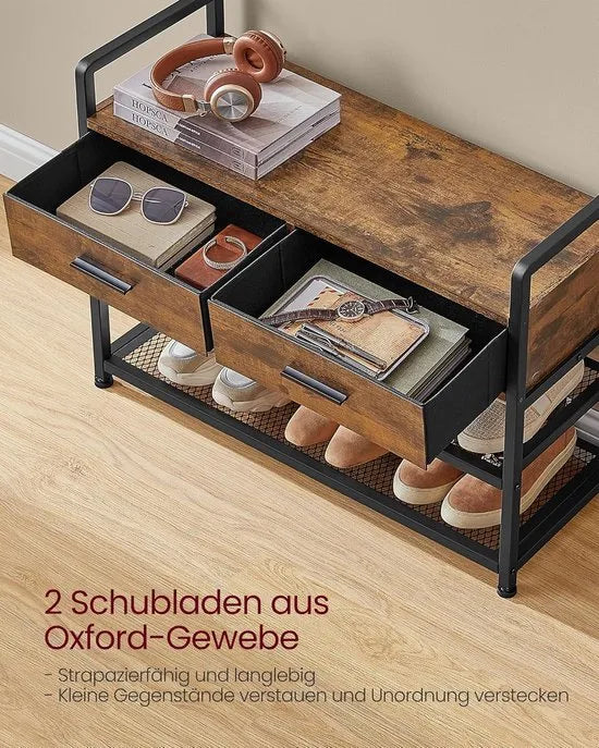 FurnStar - Kapstok met schoenenbank - garderobe - schoenenopslag - 2 laden van stof - 10 haken - 6 zijhaken - 30 x 80 -4 x 181 -6 cm - vintage bruin-inktzwart