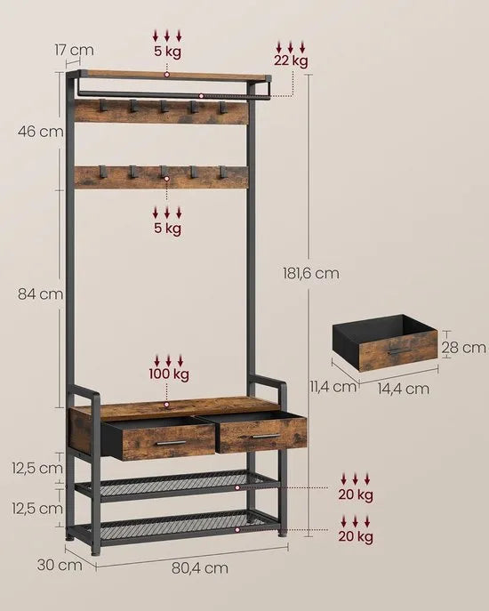 FurnStar - Kapstok met schoenenbank - garderobe - schoenenopslag - 2 laden van stof - 10 haken - 6 zijhaken - 30 x 80 -4 x 181 -6 cm - vintage bruin-inktzwart