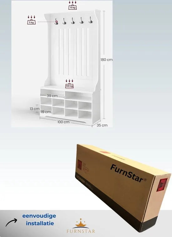FurnStar - Kapstok met schoenenbank - garderobe - schoenenopslag - 5 drievoudige haken - vrijstaand - ruimtebesparend - voor entree - hal - verstelbare planken - wolkenwit