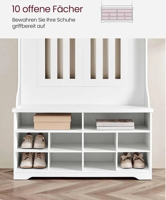 FurnStar - Kapstok met schoenenbank - garderobe - schoenenopslag - 5 drievoudige haken - vrijstaand - ruimtebesparend - voor entree - hal - verstelbare planken - wolkenwit