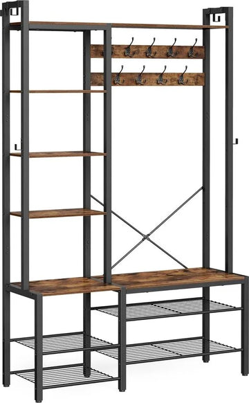 FurnStar Kapstok met Schoenenbank – Garderoberek met 5 Planken en 15 Haken – 9 Drievoudige & 6 Zijhaken – 40 x 120 x 190 cm – Vintage Bruin & Inktzwart