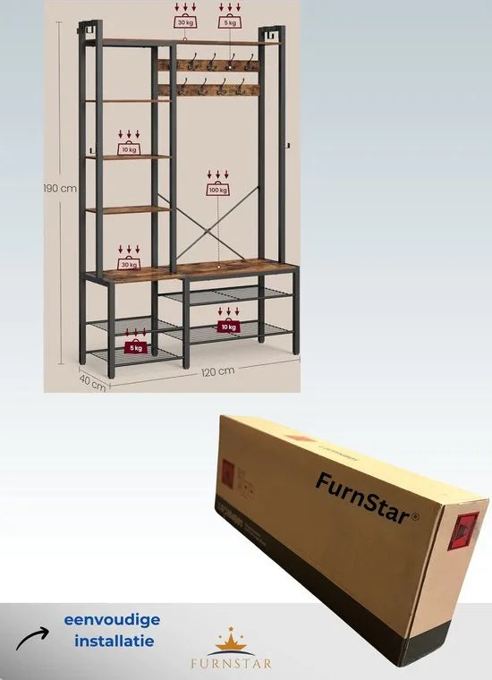 FurnStar Kapstok met Schoenenbank – Garderoberek met 5 Planken en 15 Haken – 9 Drievoudige & 6 Zijhaken – 40 x 120 x 190 cm – Vintage Bruin & Inktzwart