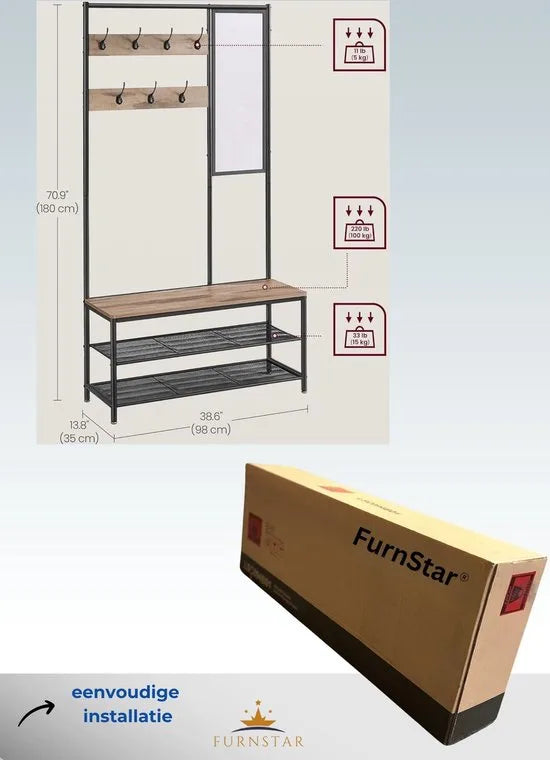 FurnStar - Kapstok met schoenenopberger - Kapstok voor gang met spiegel - Haken - Bank en schoenenplanken - 35 x 98 x 180 cm - Hal - Slaapkamer entree - Industrieel - Kameelbruin en Inktzwart