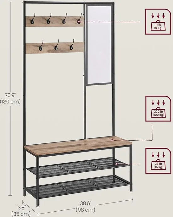 FurnStar - Kapstok met schoenenopberger - Kapstok voor gang met spiegel - Haken - Bank en schoenenplanken - 35 x 98 x 180 cm - Hal - Slaapkamer entree - Industrieel - Kameelbruin en Inktzwart