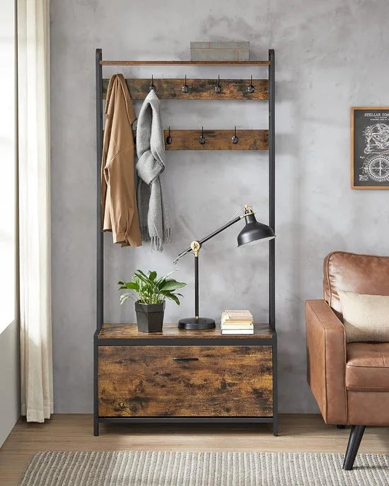FurnStar - Kapstok met schoenenopberger - Met bank - 9 haken en bovenste plank - Voor hal - Slaapkamer - Industriële stijl - Rustiek bruin en Zwart