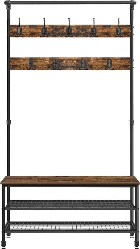 FurnStar - Kapstok met schoenenrek - Garderobe in industriële stijl - Bankje - 9 haken - Schoenenrek - Robuust metalen frame - 97 x 41.5 x 182 cm - Bruin-zwart