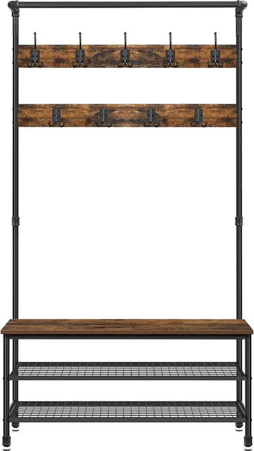 FurnStar - Kapstok met schoenenrek - Garderobe in industriële stijl - Bankje - 9 haken - Schoenenrek - Robuust metalen frame - 97 x 41.5 x 182 cm - Bruin-zwart