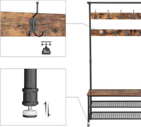 FurnStar - Kapstok met schoenenrek - Garderobe in industriële stijl - Bankje - 9 haken - Schoenenrek - Robuust metalen frame - 97 x 41.5 x 182 cm - Bruin-zwart