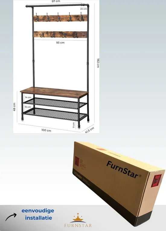 FurnStar - Kapstok met schoenenrek - Garderobe in industriële stijl - Bankje - 9 haken - Schoenenrek - Robuust metalen frame - 97 x 41.5 x 182 cm - Bruin-zwart