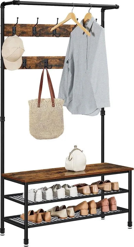 FurnStar - Kapstok met schoenenrek - Garderobe in industriële stijl - Bankje - 9 haken - Schoenenrek - Robuust metalen frame - 97 x 41.5 x 182 cm - Bruin-zwart