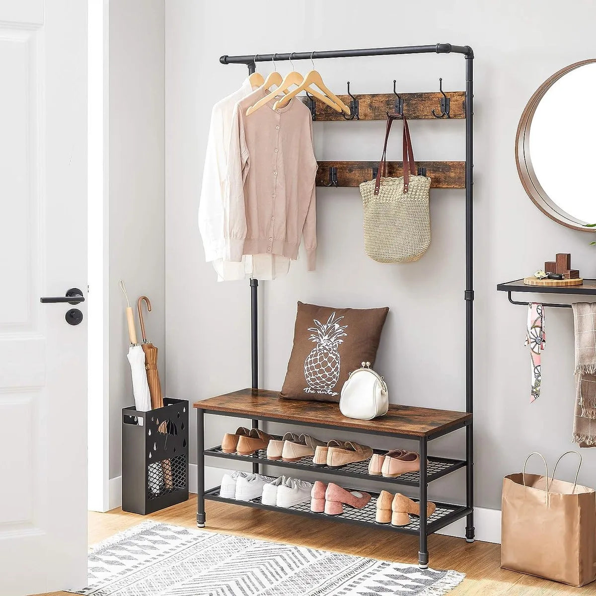 FurnStar - Kapstok met schoenenrek - Garderobe in industriële stijl - Bankje - 9 haken - Schoenenrek - Robuust metalen frame - 97 x 41.5 x 182 cm - Bruin-zwart