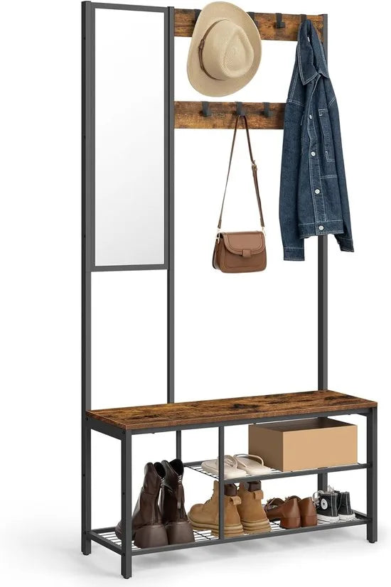 FurnStar – Kapstok met spiegel – Halmeubel met haken - Schoenenbank en planken – Industriële stijl – 36 x 98 x 185 cm – Eiken-Wit – Vintage bruin/zwart