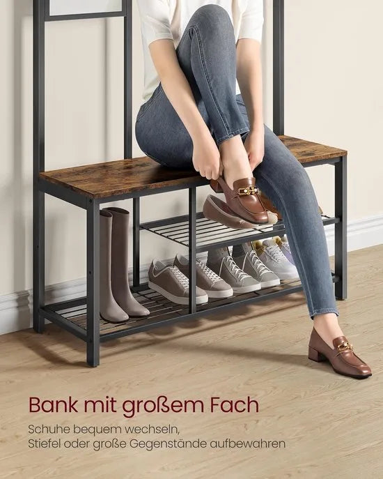 FurnStar – Kapstok met spiegel – Halmeubel met haken - Schoenenbank en planken – Industriële stijl – 36 x 98 x 185 cm – Eiken-Wit – Vintage bruin/zwart