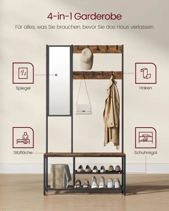 FurnStar – Kapstok met spiegel – Halmeubel met haken - Schoenenbank en planken – Industriële stijl – 36 x 98 x 185 cm – Eiken-Wit – Vintage bruin/zwart