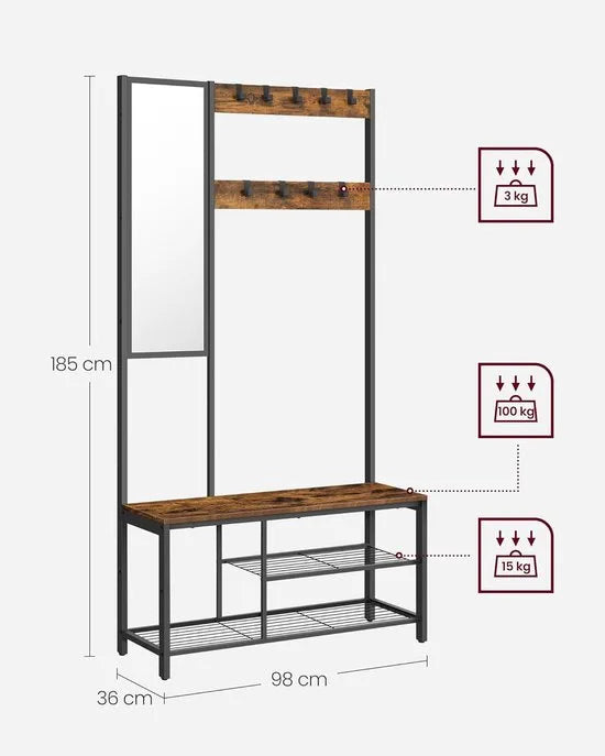 FurnStar – Kapstok met spiegel – Halmeubel met haken - Schoenenbank en planken – Industriële stijl – 36 x 98 x 185 cm – Eiken-Wit – Vintage bruin/zwart