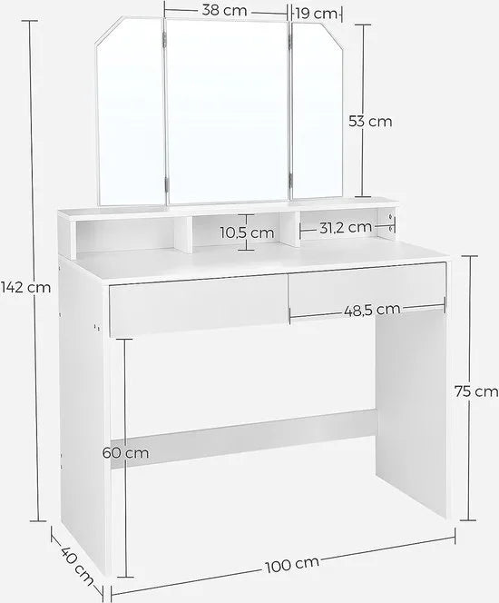 FurnStar Kaptafel - Kaptafel met spiegel - 100x40x142cm - Wit