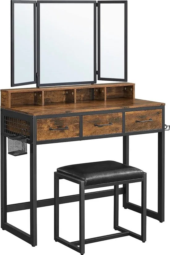 FurnStar - Kaptafel - Kaptafel met spiegel - 3 laden - Haardrogerhouder - Industriële stijl - 40 x 90 x 141 cm - Rustiek bruin-zwart