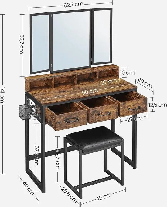 FurnStar - Kaptafel - Kaptafel met spiegel - 3 laden - Haardrogerhouder - Industriële stijl - 40 x 90 x 141 cm - Rustiek bruin-zwart