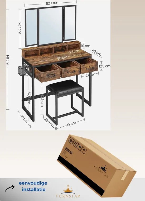 FurnStar - Kaptafel - Kaptafel met spiegel - 3 laden - Haardrogerhouder - Industriële stijl - 40 x 90 x 141 cm - Rustiek bruin-zwart