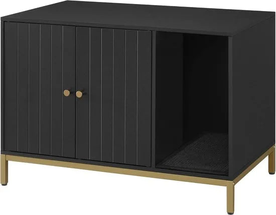 FurnStar - Kattenbak - kattenhuis - kattentoilet - met krabmat - hoge poten - voor katten - bijzettafel - 80 x 50 x 55 cm - wit-goudkleurig – Zwart + goudkleurig