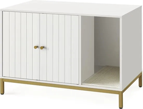FurnStar - Kattenbak - kattenhuis - kattentoilet - met krabmat - hoge poten - voor katten - bijzettafel - 80 x 50 x 55 cm - wit-goudkleurig – Wit-goud kleurig