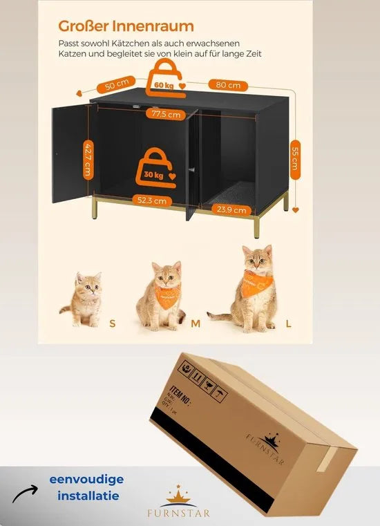 FurnStar - Kattenbak - kattenhuis - kattentoilet - met krabmat - hoge poten - voor katten - bijzettafel - 80 x 50 x 55 cm - wit-goudkleurig – Zwart + goudkleurig