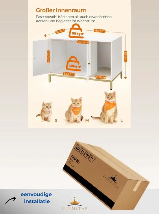 FurnStar - Kattenbak - kattenhuis - kattentoilet - met krabmat - hoge poten - voor katten - bijzettafel - 80 x 50 x 55 cm - wit-goudkleurig – Wit-goud kleurig