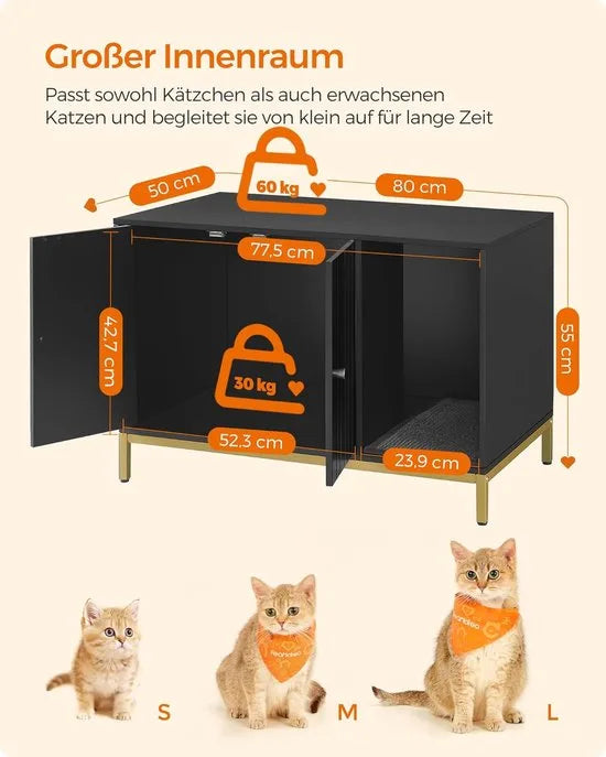 FurnStar - Kattenbak - kattenhuis - kattentoilet - met krabmat - hoge poten - voor katten - bijzettafel - 80 x 50 x 55 cm - wit-goudkleurig – Zwart + goudkleurig