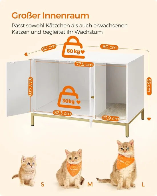 FurnStar - Kattenbak - kattenhuis - kattentoilet - met krabmat - hoge poten - voor katten - bijzettafel - 80 x 50 x 55 cm - wit-goudkleurig – Wit-goud kleurig
