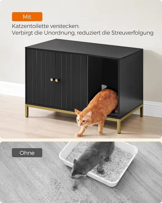 FurnStar - Kattenbak - kattenhuis - kattentoilet - met krabmat - hoge poten - voor katten - bijzettafel - 80 x 50 x 55 cm - wit-goudkleurig – Zwart + goudkleurig