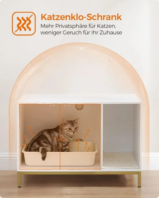 FurnStar - Kattenbak - kattenhuis - kattentoilet - met krabmat - hoge poten - voor katten - bijzettafel - 80 x 50 x 55 cm - wit-goudkleurig – Wit-goud kleurig