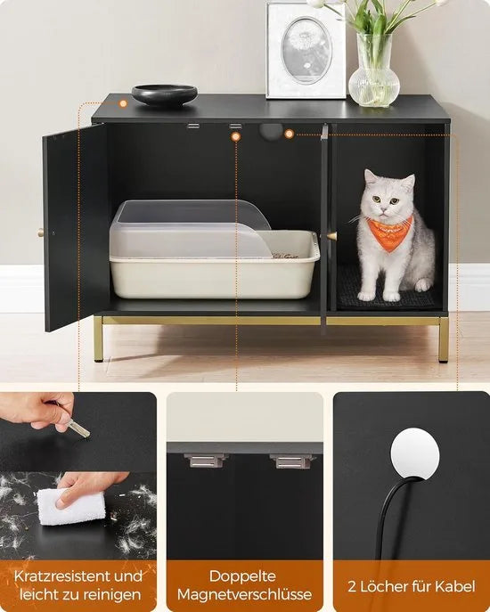 FurnStar - Kattenbak - kattenhuis - kattentoilet - met krabmat - hoge poten - voor katten - bijzettafel - 80 x 50 x 55 cm - wit-goudkleurig – Zwart + goudkleurig