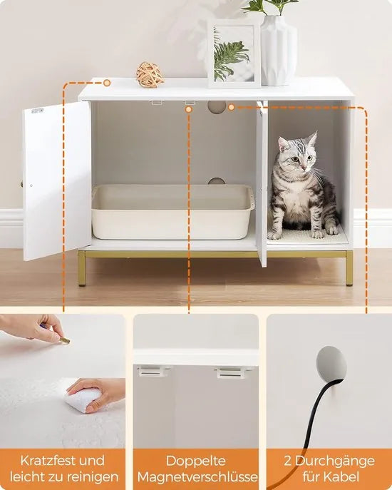 FurnStar - Kattenbak - kattenhuis - kattentoilet - met krabmat - hoge poten - voor katten - bijzettafel - 80 x 50 x 55 cm - wit-goudkleurig – Wit-goud kleurig