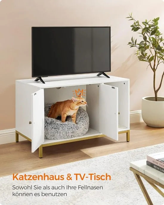 FurnStar - Kattenbak - kattenhuis - kattentoilet - met krabmat - hoge poten - voor katten - bijzettafel - 80 x 50 x 55 cm - wit-goudkleurig