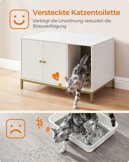 FurnStar - Kattenbak - kattenhuis - kattentoilet - met krabmat - hoge poten - voor katten - bijzettafel - 80 x 50 x 55 cm - wit-goudkleurig – Wit-goud kleurig