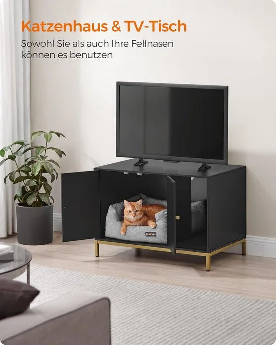 FurnStar - Kattenbak - kattenhuis - kattentoilet - met krabmat - hoge poten - voor katten - bijzettafel - 80 x 50 x 55 cm - wit-goudkleurig – Zwart + goudkleurig