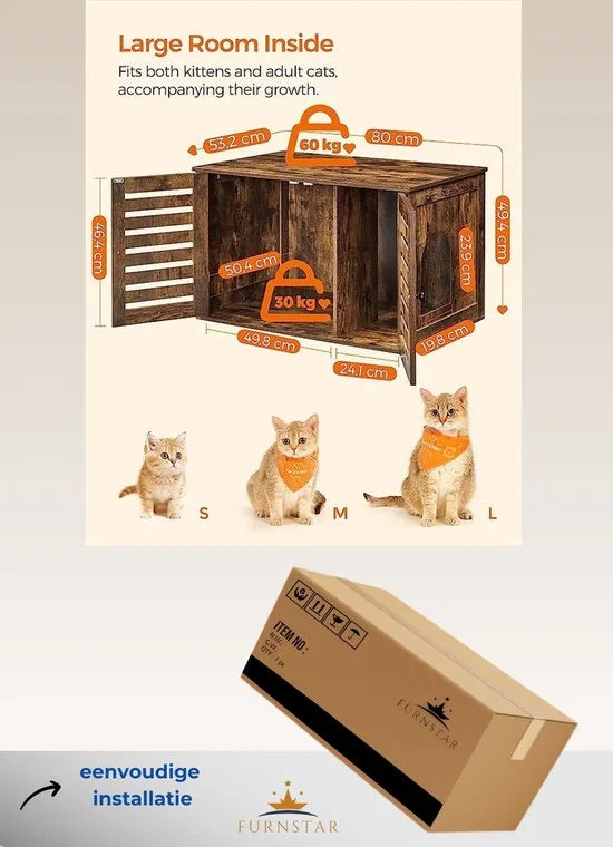 Furnstar Kattenhuis - Kattenbakkast met uitneembare scheidingswand - Tafel - 80 x 53 x 50 cm - Vintage Bruin – Bruin FurnStar Kattenbak Kattenhuis  (1910)