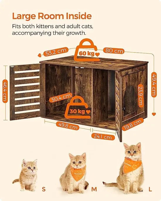 FurnStar - Kattenbak - Kattenhuis - Met deuren - 80 x 53 x 49,3 cm - Vintage bruin